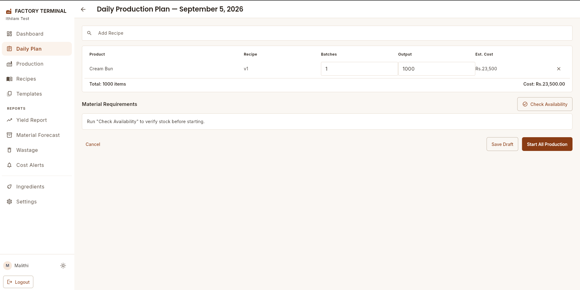 Opernexa production planning screen listing the day’s batches with required raw materials and shortfall warnings