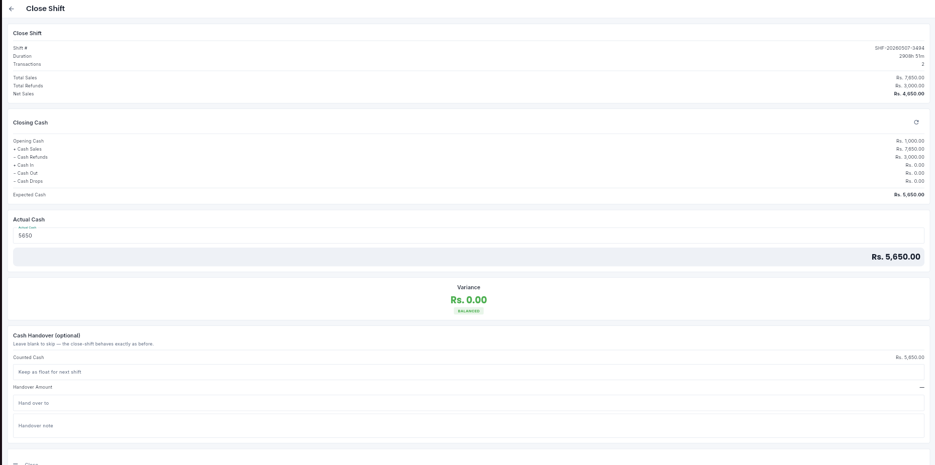 Opernexa cash-up dialog comparing opening float and expected cash against counted cash, with the variance shown